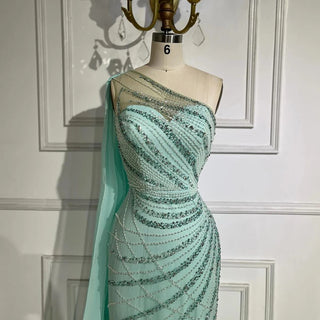 Ships in 1 to 3 Days - Mint Mermaid One-Shoulder With Overskirt Beaded Feathers Evening Dress - Gown for Women's Wedding Party