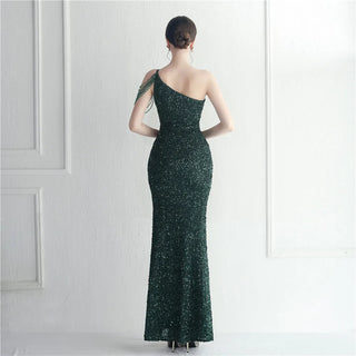 Sexy Slit Beaded Evening Dress - Slash Neck Sequin Party Maxi Prom Dress for Women