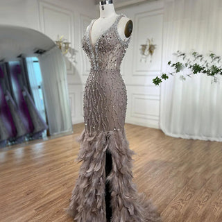 Ships in 1 to 3 Days - Pink Mermaid Evening Dress 2024 with Sexy High Split, V-Neck, Feather Beaded Luxury - Ideal for Women's Wedding Party