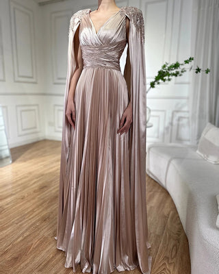 Ships in 1 to 3 Days - 2024 Nude Beaded Satin A-Line Evening Gown with Cape Sleeves - Saudi Arabic Formal Dress