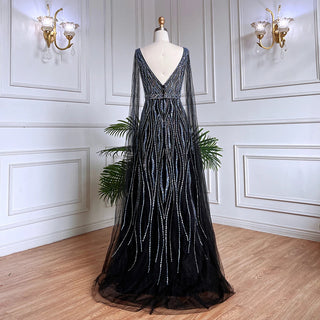 Elegant Black Luxury Dubai Evening Dress with Cape Sleeves: Perfect for Women's Blue and Red Wedding Formal Party Gowns (2024)