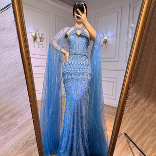 Mermaid Elegant Cape Sleeves Beaded Luxury Evening Dress Gown For Women: Arabic Party 2024