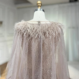 Pink Mermaid Evening Dress - Elegant Cape Sleeves with Luxury Feathers and Beading for Women's Party 2024