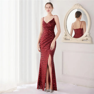 Sexy V-Neck Sequin Strap Party Maxi Dress with Slit - Long Prom Evening Dress for Women