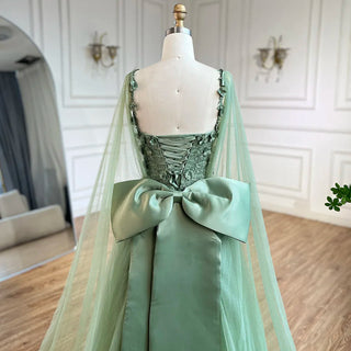 2024 Arabic Sage Green Spaghetti Strap Lace-Up Bow A-Line Appliques Prom Dress for Women Wedding Party