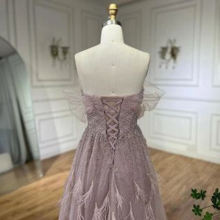 Luxury Feather Pink Dubai Evening Dresses: Elegant Off-Shoulder, Beaded Champagne Formal Dress for Women at Weddings