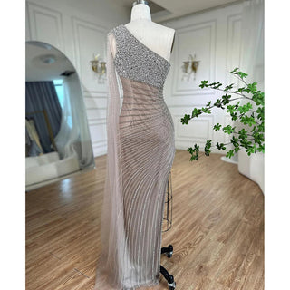 Lilac Mermaid Elegant One-Shoulder High Split Beaded Evening Dress - Women's Wedding Party 2024