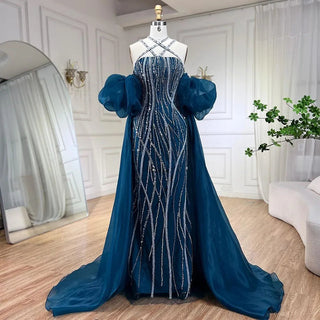 Arabic Navy Blue Elegant Mermaid Evening Dress with Balloon Sleeves - Beaded Luxury Dubai Gown for Women's Party