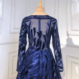 Navy Elegance: 2024 Muslim A-Line Evening Gown with Crystal Embellishments and Long Sleeves - Perfect for Women's Parties