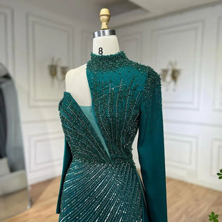 Arabic Green Elegant Mermaid One Shoulder Beaded Luxury Dubai Evening Dresses Gowns For Women Wedding Party