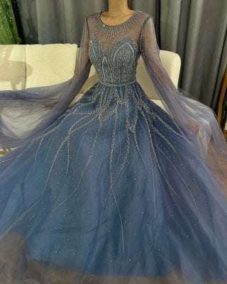 Ships in 1 to 3 Days - 2024 Nude and Blue A-Line Beaded Arabic Evening Gown - Cape Sleeves Dress for Formal Occasions