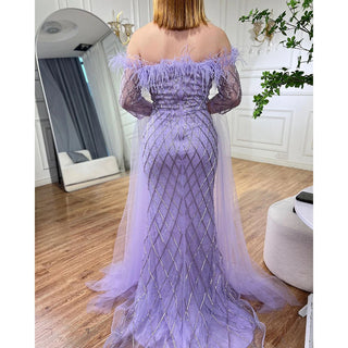 Dubai Caramel Feather Beaded Mermaid Evening Gown: Elegant Cape Sleeves for Women's Wedding Party 2024