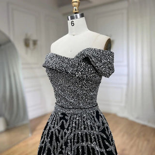 2024 Elegant Black Beaded A-Line Evening Gown: Off-Shoulder Luxury Dress for Women - Long Party Dress