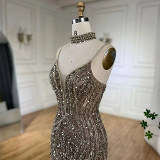 Silver Nude Mermaid Split Strap Evening Dress: Spaghetti Strap, Beaded Prom Gown for Women's Party 2024