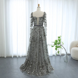 Luxury 3D Flower Gray Long Sleeves Evening Dresses for Women Wedding Party Elegant Arabic A-line Formal Gowns