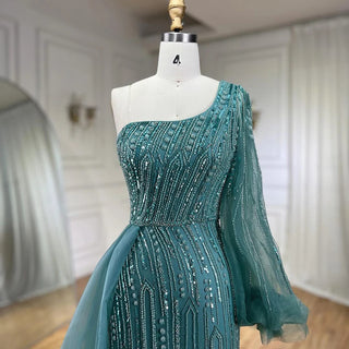 Arabic Blue Mermaid Evening Gown with Beaded Overskirt - Luxury Dress for Women's Wedding Party 2024