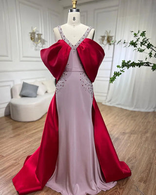 The Perfect Dubai Engagement Dress: Luxury Arabic Pink and Burgundy Mermaid Evening Dress with Cape (2024)