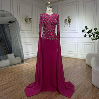 Ships in 1 to 3 Days - Arabic Fuchsia Mermaid Evening Dress with Cape Sleeves and Beaded Gloves Luxury Dubai Gowns for Women's Party 2024