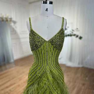 Sunny Meadow Mermaid Evening Gown - Yellow and Green Feathers, Beaded, Ankle-Length for Women's Party 2024