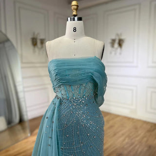 Ships in 1 to 3 Days - Turquoise Luxury Evening Dress with Side Train - Pearls One Shoulder Gown for Women's Formal Prom Wedding Party