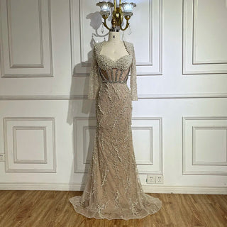 Ships in 1 to 3 Days - Dubai Luxury Pearls Beaded Nude Elegant Arabic Mermaid Evening Dress for Women - Wedding Party 2024