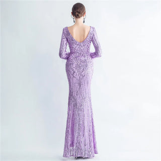 Stretch Feather Sequin Full Sleeve Evening Maxi Dress