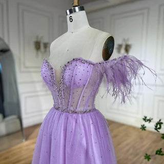 Ships in 1 to 3 Days - Dubai Arabic Elegant Lilac Feathers Beaded A-Line Evening Gown 2024 Luxury Dress for Women Long Party Dress