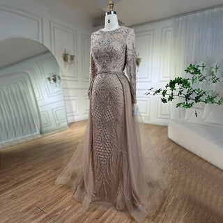 Silver Nude Mermaid Evening Gown: Over Skirt, Beaded Luxury Dubai Dresses - Long Women's Wedding Party Gowns 2024