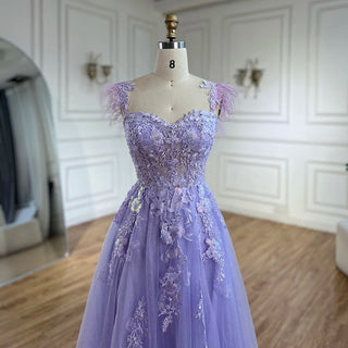 2024 Lilac Spaghetti Strap Lace-Up Back A-Line Appliques Feathers Prom Dress for Women Wedding Party