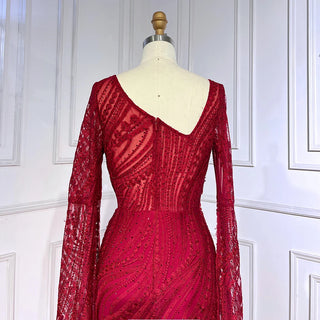 Ships in 1 to 3 Days - Arabic Wine Red Mermaid Evening Dress 2024 with Elegant Cape Sleeves, Beaded Luxury - Ideal for Women's Party