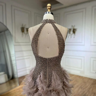 Brown Sleeveless Elegant Short Dresses Beaded Feathers Mermaid Cocktail Gowns 2024 For Women Party Couture