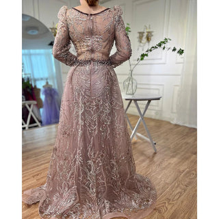 Dubai Dreams: Luxury Pink Overskirt Evening Dress with Long Sleeves, Ideal for Elegant Plus Size Women at Weddings and Formal Parties.