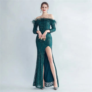 Off-Shoulder Feather Sequin Full Sleeve Evening Dress - Long Party Maxi Dress