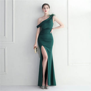 Sexy Slash Neck Feather Party Maxi Dress - Long Slit Prom Evening Dress for Women