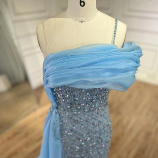 Blue One-Shoulder Beaded Pearls Mermaid Evening Dress Gown with Split for Party