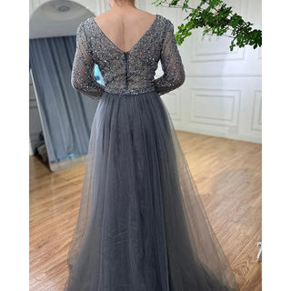 Ships in 1 to 3 Days - Sapphire Serenity: Elegant Beaded V-Neck Mermaid Gown in Blue Grey Party 2024