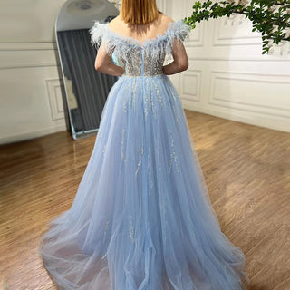 Blue Diamond Feather Mermaid Evening Dress with Overskirt - Wedding Party Gown for Women 2024