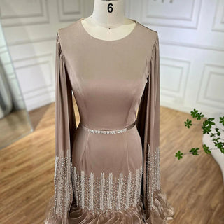 Ships in 1 to 3 Days - Arabic Caramel Mermaid Elegant Cape Sleeves Beaded Satin Luxury Evening Dresses Gowns for Women Party 2024