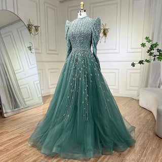 Ships in 1 to 3 Days - 2024 Dubai Arabic Designer Luxury Sage Green A-Line Beaded Evening Dress: Perfect for Women's Wedding Party