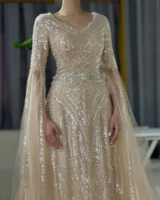 A-Line Beaded Arabic Evening Gown with Cape Sleeves – Ideal for Weddings & Special Occasions