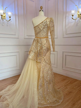 2024 Gold Elegant Mermaid Evening Gown: One-Shoulder Design with High Split and Luxurious Beading - Perfect for Women's Party Events