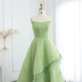 Luxury Lime Green Feather and 3D Floral Dubai Evening Dress - Elegant Strapless Gown for Women’s Wedding Party