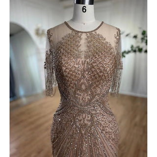 Ships in 1 to 3 Days - Caramel Cascade: Cap Sleeves Tassel Mermaid Gown with Beading – Mother of the Bride 2024 Wedding Party Elegance