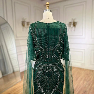 Dubai Arabic Green Mermaid Evening Dress with Elegant Luxury Beaded Cape Sleeves for Women's Party 2024