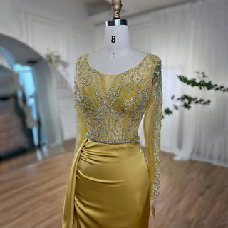 Yellow Long Sleeves Mermaid Evening Dress with Skirt - Beaded Dubai Mid-Length Party Gown 2024 for Women