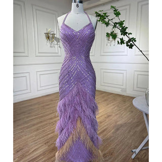 Lilac Elegance: 2024 Luxury Dubai Feathered Evening Dresses - Halter Mermaid Style