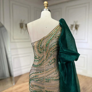 Emerald Enchantment: 2024 Green One Shoulder Mermaid Evening Gown with Long Cloak - Luxury Beaded Dress for Women's Wedding Party