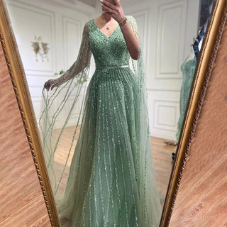 Mint Cape Sleeves A-Line Beaded Luxury Dubai Evening Dress: Long 2024 Celebrity Gown for Women's Party