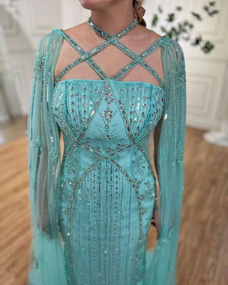 Ships in 1 to 3 Days - Arabic Luxury Dubai Mermaid Blue Evening Gown with Cape Sleeves and Beading for Women's Party 2024