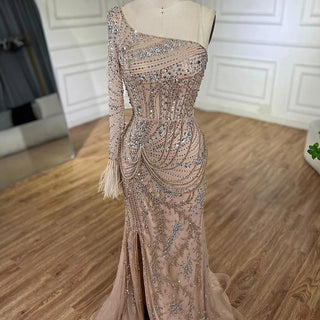 Dubai Nude One-Shoulder Luxury Beaded Feathers Split Mermaid Evening Dress - Gown for Women's Party